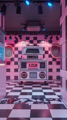 Music Group Pop Up Store Oversized Vintage Boombox Giant Neon Cassette Sculpture Pink Black Checkered Walls