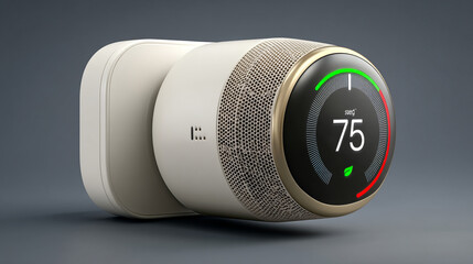 Smart thermostat displays temperature setting in modern home interior with neutral colors and sleek design