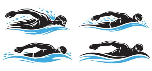 Swimmer Logo Set with Freestyle Swimming Silhouettes and Water Wave Design