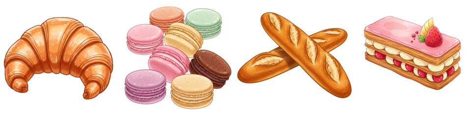 Fototapeta premium Set of isolated French pastries including croissant, macaron, baguette, cake 