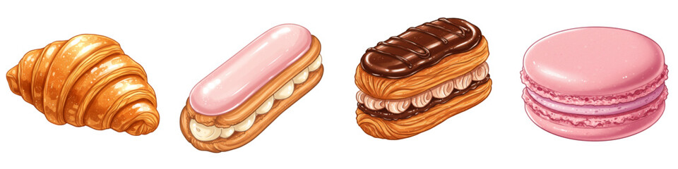 Set of isolated French pastries including croissant and macarons  