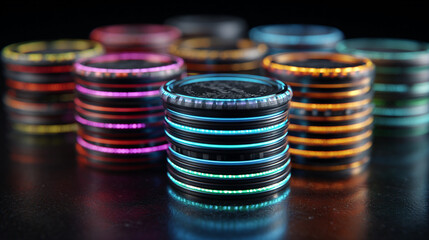 Colorful gaming chips stacked on a dark surface create a vibrant atmosphere for casino night
