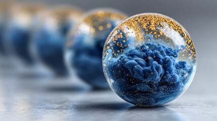 Colorful blue and gold spheres reflecting creativity in a serene environment