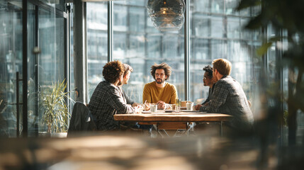 Group of friends engaged in a lively discussion in a modern cafe during daylight