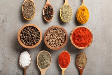 Different aromatic spices on gray textured table, flat lay