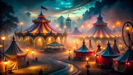 Creepy Carnival at Night With Glowing Tents and Eerie Atmosphere