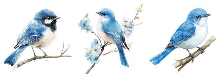 Collection of delicate blue bird perched near watercolor isolated on a transparent background