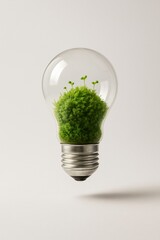 Floating lightbulb terrarium with green moss and sprouts, an eco startup idea concept