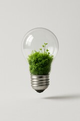 Lightbulb with lush green plants inside, a minimalist concept for green tech and sustainable ideas