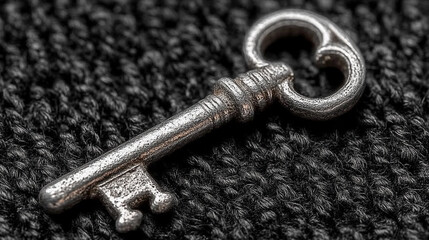 Old silver key resting on black textured fabric with intricate details and unique design