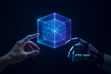 Human and robot hands reaching for a glowing AI brain cube, representing collaboration