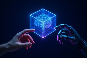 AI and human intelligence connecting over a glowing neural network cube