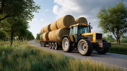 Obraz premium Tractor Transporting Hay Bales on a Country Road Surrounded by Lush Green Fields