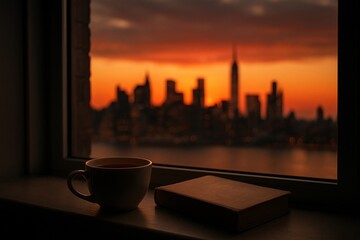 Quiet moment with tea and a book by a window with a dramatic urban skyline at sunset
