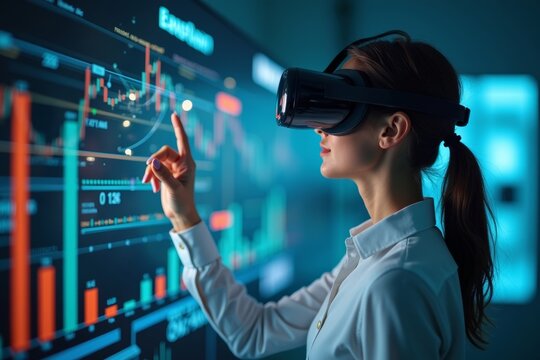 Businesswoman Engaging with Holographic Financial Graphs Through Virtual Reality Headset