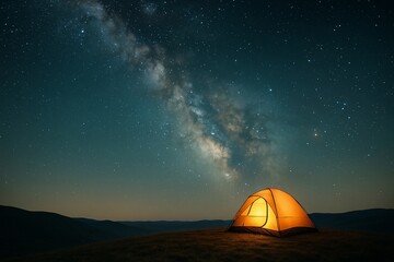 Glowing tent under the vast Milky Way, a magical stars and camping scene