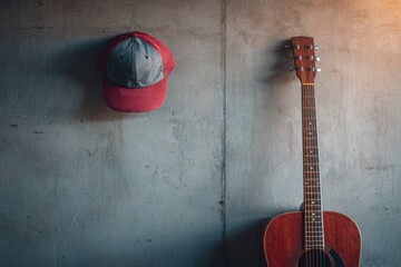 A guitar leans against a concrete wall with a red and gray baseball cap hanging above it