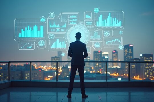 Businessman on Rooftop Overseeing City Skyline, Engaging in Holographic Conference with Colleagues - Powered by Adobe