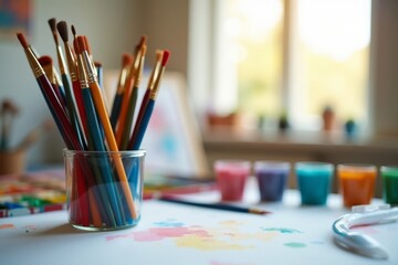 Vibrant paintbrushes and tubes of paint standing on canvas with soft natural light from window.