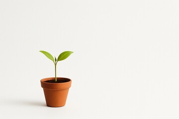 Minimalist terracotta pot with a single green sprout against a white background