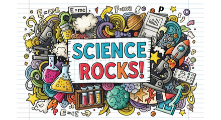 Vibrant detailed doodle illustration of scientific elements surrounding SCIENCE ROCKS text featuring beakers rockets and formulas.