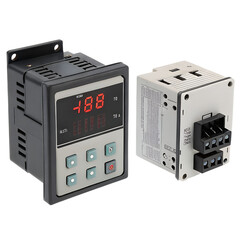 Fototapeta premium A digital electronic controller with a red led display and buttons next to a relay module isolated on transparent background