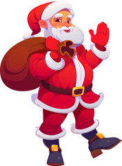 Cartoon Christmas Santa Claus character with bag of gifts for winter holiday, vector personage. Happy Santa with smile and Hi greeting hand, cartoon character for Merry Christmas and New Year holiday
