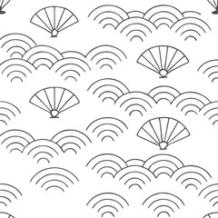Seamless vector pattern featuring colorful umbrellas against a cloudy sky, perfect for a whimsical rain or autumn-themed background illustration