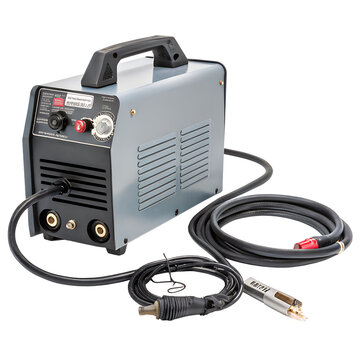 A portable welding machine with cables and torch isolated on transparent background
