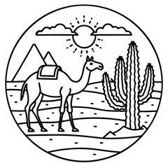 Stylized camel and cactus illustration evoking a warm desert journey with golden hues isolated on white background isolated on transparent background