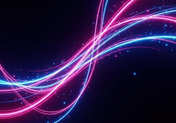 Obraz premium Abstract flowing neon light trails in pink and blue with sparkling particles on a dark background