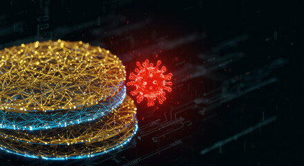 Malicious virus infecting a server database. A 3D render illustrating a cybersecurity breach and data vulnerability.