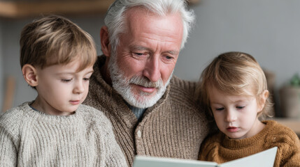 grandfather and grandson reading a book