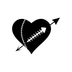 Black heart pierced by arrow with stitching isolated on white background isolated on transparent background