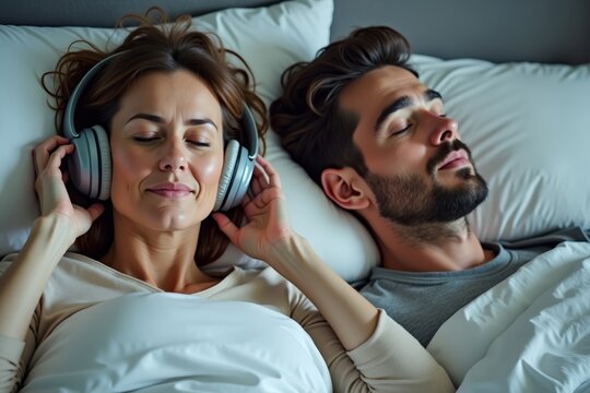 Photo Idea: Contrasting Emotions of a Mature Woman in Bed with Snoring Man - Powered by Adobe