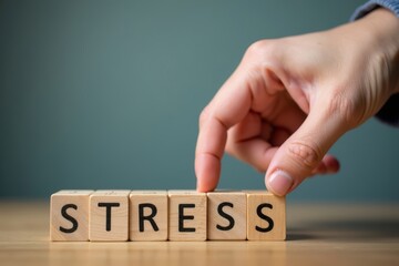 Hand Reaching for the Last Letter of Stress on Wooden Block: A Tense Scene with a Blurred Background