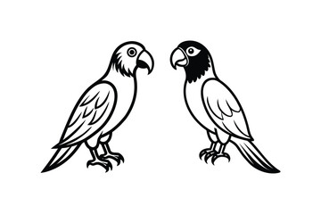 Two Parrot Birds Facing Each Other in a Stylized Black and White Illustration Featuring a Silhouette Style on a White Background silhouette