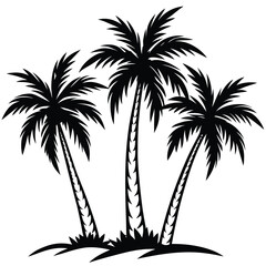 Fototapeta premium Three distinct palm trees in silhouette against a tropical island landscape isolated on white background isolated on transparent background
