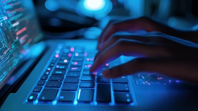 Night coder types code on laptop, blue light