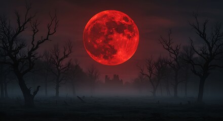 A giant red blood moon glowing in the night sky above a spooky, mist-filled forest with a dark, haunted castle in the distance.