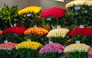 Bright and Colorful Rose Display with Price Tags.