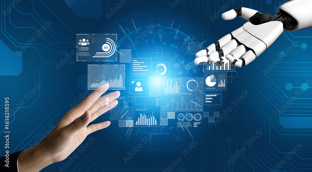 Poster ai interacts with data analytics dashboard, reading trends, improving decisions, and enhancing insig