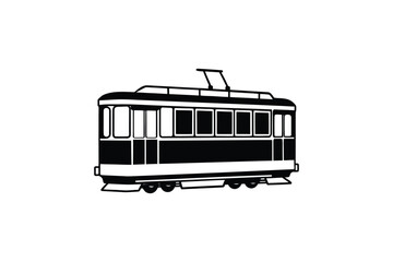 Vintage Streetcar Illustration in Black and White Silhouette Style Ideal for Transportation and Historical Themes Featuring a Classic Trolley Design silhouette