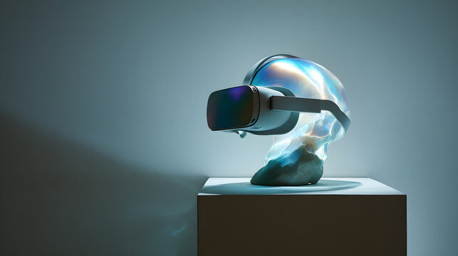 Transparent skull wearing virtual reality headset with blue light effects VR headset translucent - Powered by Adobe