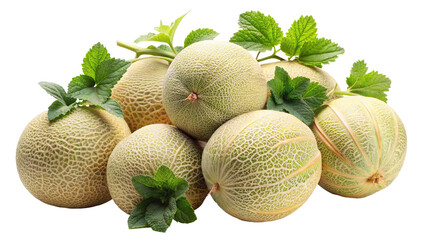 A bountiful cluster of ripe cantaloupe melons with fresh green leaves presented isolated on a transparent background isolated on transparent background