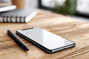 close-up 3D phone mockup on wooden desk with stylus pen beside, natural daylight, high-res screen reflection, 