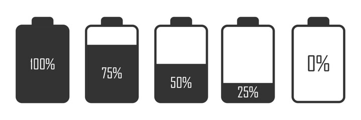 Battery Charge Levels Icon Set. Pixel Art Symbol Collection Of Battery Charging Stages Icons. Battery and power icon set. powerfully charged. charge indicator. Energy power accumulator. EPS 10. 