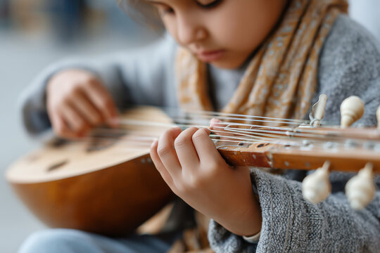 close-up of child learning to play rebab, traditional Islamic instrument, focus on hands and strings, emotional, 