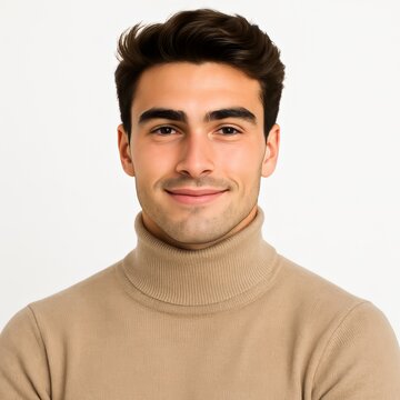 Stylish young man in a beige turtleneck, ideal for avatar or business portrait use, perfect for commerce mockup and passport photo