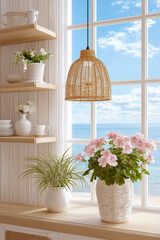 Vibrant pink geranium flowers in white pots arranged on a shelf in a bright sunlit room, creating a cheerful and inviting atmosphere with natural light streaming in